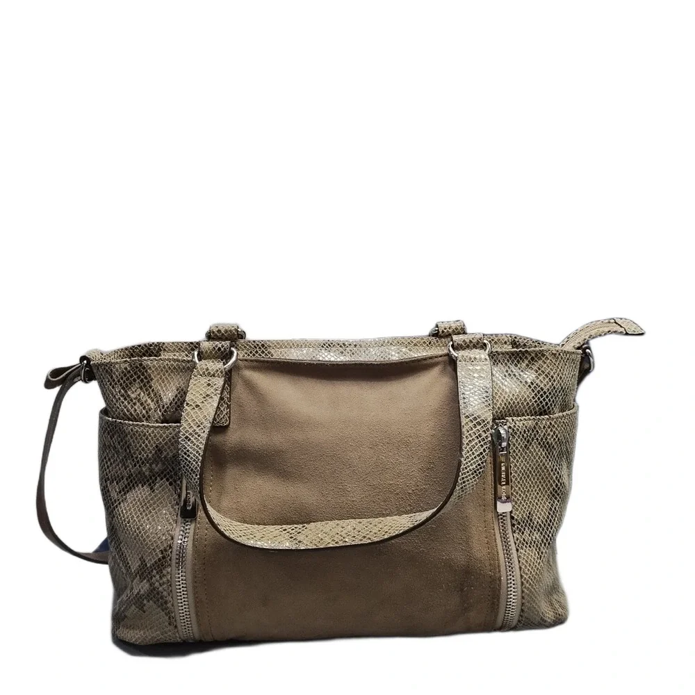 Michael Kors Shoulder Bag Womens Brown Snakeskin Print Suede Leather Zip Closure